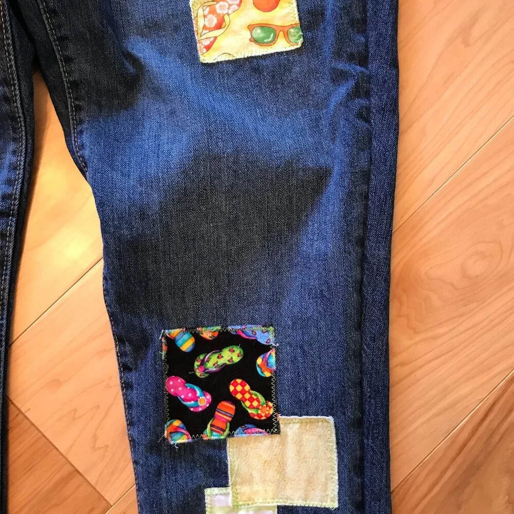 Patchwork Denim Capri Pants, Upcycled Gap Summer Patch Cropped Jeans 30 Waist